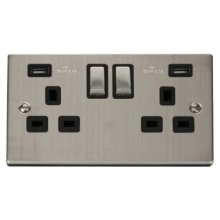 Deco 2 Gang Double Switched Socket with 2x USB - Black / Satin Chrome (VPSC580BK)