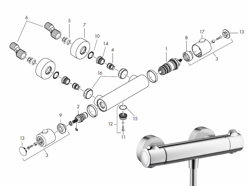 Hansgrohe SL bar mixer shower - without unions spares and parts hansgrohe 13256000 | National Shower Spares