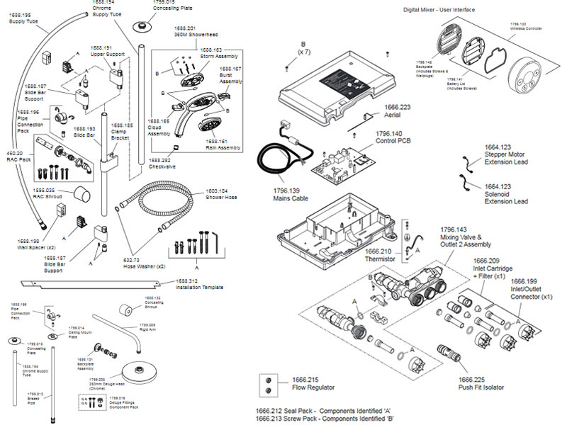 Mira Platinum Dual Ceiling Fed Digital Shower High Pressure shower spares and parts Mira 1.