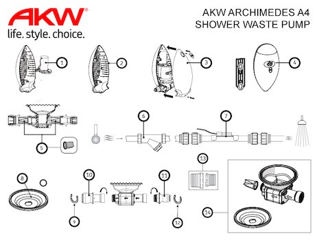 AKW Archimedes A4 Shower Waste Pump (25151) spares breakdown diagram