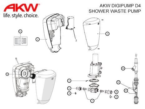 AKW DigiPump D4 Shower Waste Pump (25350) spares breakdown diagram
