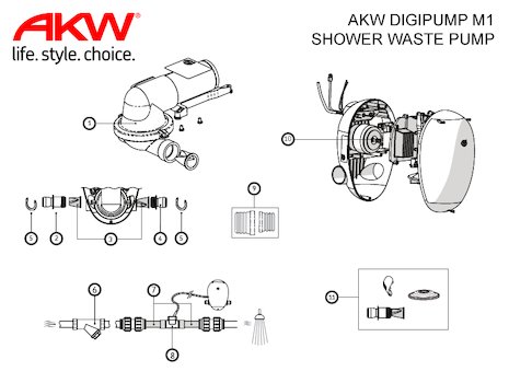AKW DigiPump M1 Shower Waste Pump (25390) spares breakdown diagram
