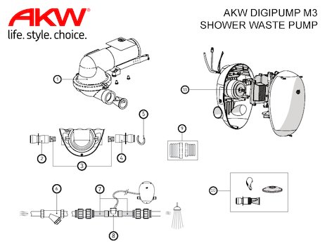 AKW DigiPump M3 Shower Waste Pump (25393) spares breakdown diagram