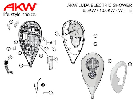 AKW Luda Electric Shower 10.0kW - White (23180WH) spares breakdown diagram