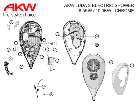 AKW Luda S Electric Shower 8.5kW - Chrome (23280CH) spares breakdown diagram