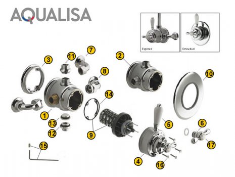 Aqualisa Aquatique exposed thermostatic mixer valve - chrome (500.10.01) spares breakdown diagram