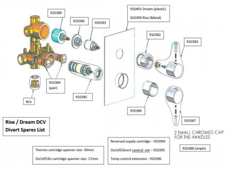 Aqualisa Rise DCV 2 way outlet shower valve spares breakdown diagram