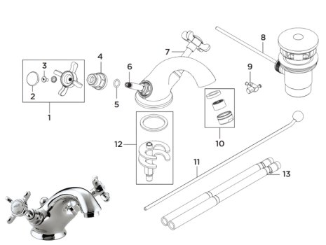 Bristan 1901 basin mixer with pop-up waste - chrome (N BAS C-G CD) spares breakdown diagram