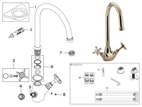 Bristan 1901 Easyfit Sink Mixer - Gold (N SNK EF G) spares breakdown diagram