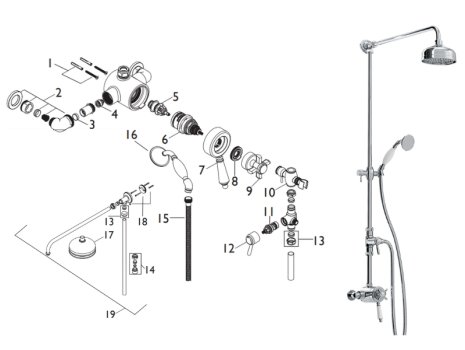 Bristan 1901 exposed dual control shower with diverter and rigid riser kit (N2 CSHXDIV C) spares breakdown diagram