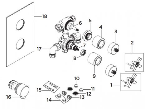 Bristan Art Deco recessed dual control shower valve with diverter (D2 SHCDIV C) spares breakdown diagram