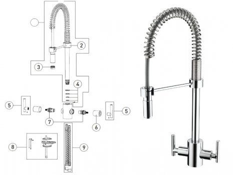 Bristan Artisan Professional sink mixer with pull down nozzle - chrome (AR SNKPRO C) spares breakdown diagram