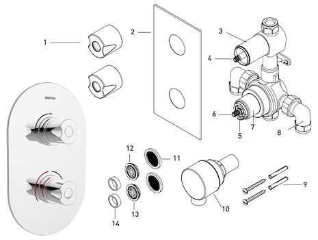Bristan Artisan recessed dual control shower (AR3 SHCVO) spares breakdown diagram