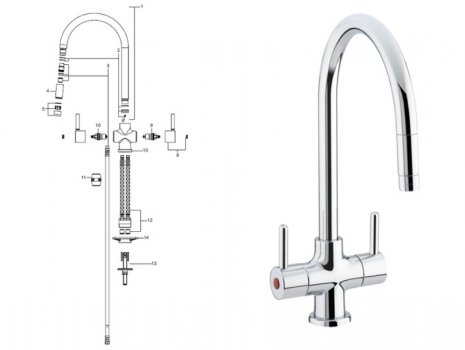 Bristan Beeline sink mixer with pull out nozzle - chrome (BE SNK C) spares breakdown diagram