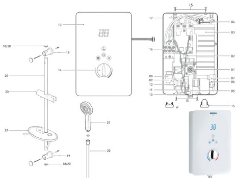 Bristan Bliss MK2 Electric Shower 8.5kW - White (BL385 W) spares breakdown diagram