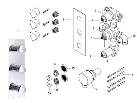 Bristan Bright recessed three handle shower valve with integral two outlet diverter and stopcock (BRG SHC3DIV C) spares breakdown diagram