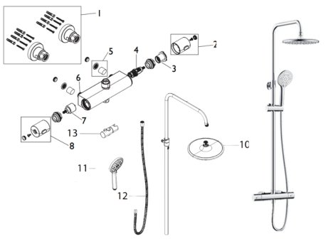 Bristan Buzz2 adjustable rigid riser diverter bar shower - chrome (BUZ2 SHXDIVCTFF C) spares breakdown diagram