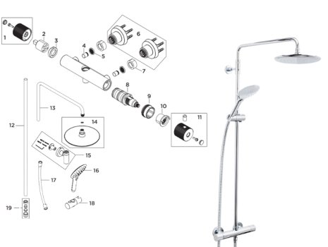 Bristan Carre Thermostatic Bar Shower With Rigid Riser (CR SHXDIVFF C) spares breakdown diagram