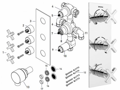 Bristan Casino recessed 3 handle shower valve with integral two outlet diverter and stopcock (CAS SHC3DIV C) spares breakdown diagram