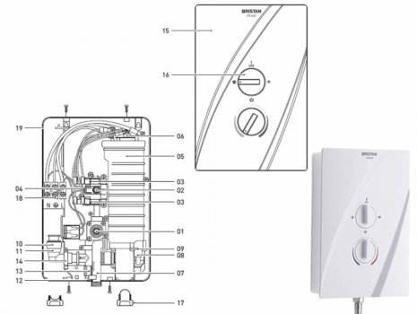 Bristan Cheer Electric Shower 9.5kW - White (CHE95 W) spares breakdown diagram