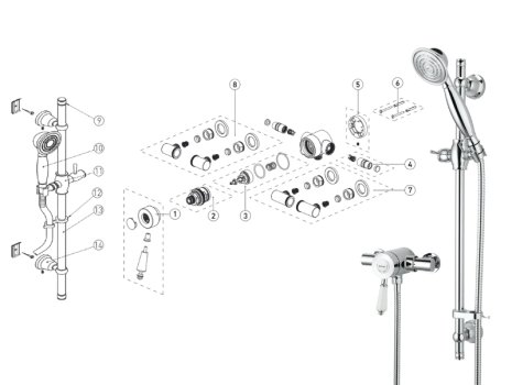 Bristan Colonial Thermostatic Exposed Mini Valve Shower (KN2 SHXAR C) spares breakdown diagram