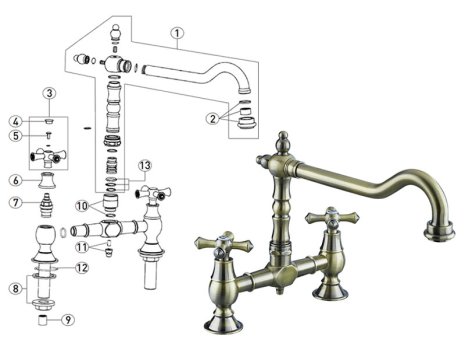 Bristan Colonial Bridge Sink Mixer - Antique Bronze (K BRSNK ABRZ) spares breakdown diagram