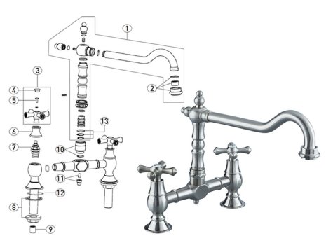 Bristan Colonial Bridge Sink Mixer - Brushed Nickel (K BRSNK BN) spares breakdown diagram