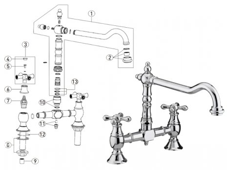 Bristan Colonial Bridge Sink Mixer - Chrome (K BRSNK C) spares breakdown diagram