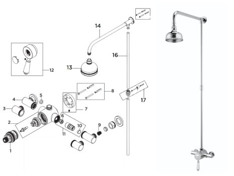 Bristan Colonial Exposed Mini Valve Shower with Rigid Riser (KN2 SHXRR C) spares breakdown diagram