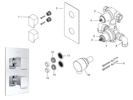 Bristan Descent Recessed Concealed Shower Valve With Diverter - Chrome (DSC SHCDIV C) spares breakdown diagram