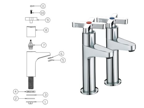 Bristan Design Utility X head high neck pillar taps - chrome (DUX HNK C) spares breakdown diagram