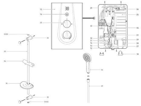 Bristan Glee Electric Shower 10.5kW - White (GLE3105 W) spares breakdown diagram