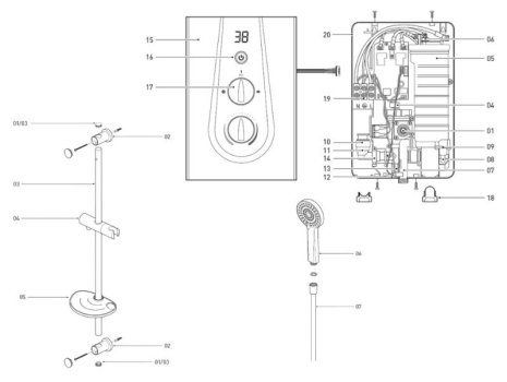 Bristan Glee Electric Shower 8.5kW - White (GLE385 W) spares breakdown diagram