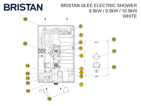 Bristan Glee MK1 electric shower spares breakdown diagram