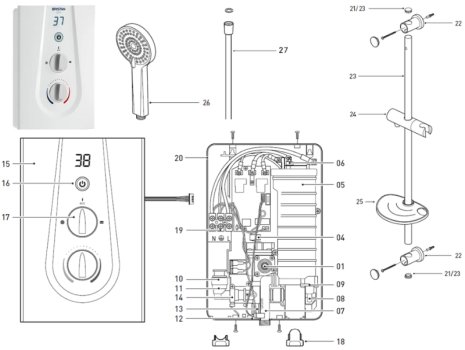 Bristan Glee MK2 electric shower spares breakdown diagram