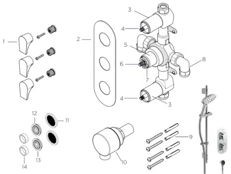 Bristan Hourglass Shower Pack With Adjustable Kit (HOURGLASS SHWR PK) spares breakdown diagram