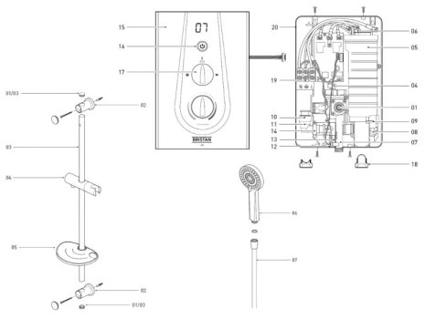 Bristan Joy Thermostatic Electric Shower 9.5kW - Metallic Silver (JOYT395 MS) spares breakdown diagram