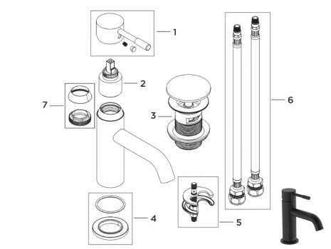 Bristan Mila Basin Mixer With Clicker Waste - Black (MI BAS BLK) spares breakdown diagram