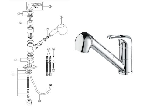 Bristan Pear Sink Mixer with Pull Out Spray - Chrome (PEA PULLSNK C) spares breakdown diagram