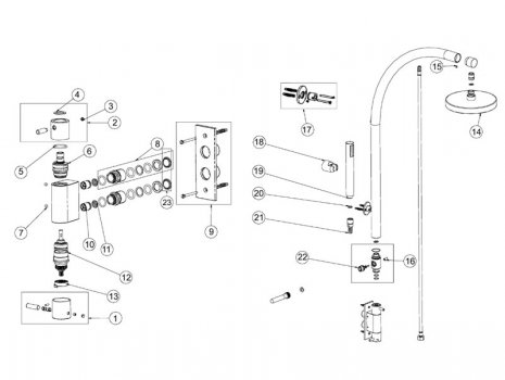 Bristan Prism Inline dual control shower pole with diverter & kit (PM VSHXSPDIV) spares breakdown diagram