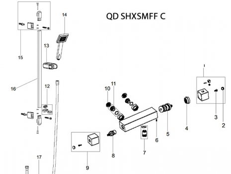 Bristan Quadrato bar mixer shower (QD SHXSMFF C) spares breakdown diagram
