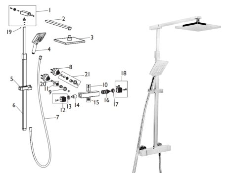 Bristan Quadrato bar mixer shower with diverter (QD SHXDIVFF C) spares breakdown diagram