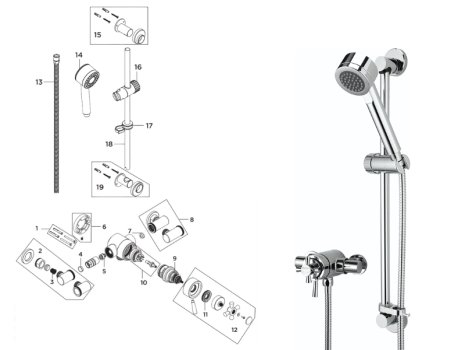 Bristan Rio Thermostatic Surface Mounted Shower Valve & Riser Rail - Chrome (RO2 SHXAR C) spares breakdown diagram