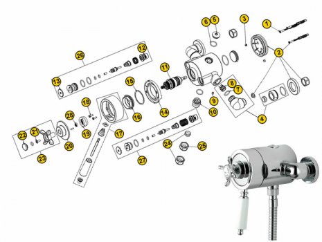 Bristan 1901 dual control exposed - Mk3 (1901) spares breakdown diagram