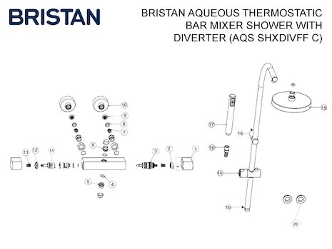 Bristan Aqueous thermostatic bar mixer shower with diverter (AQS SHXDIVFF C) spares breakdown diagram