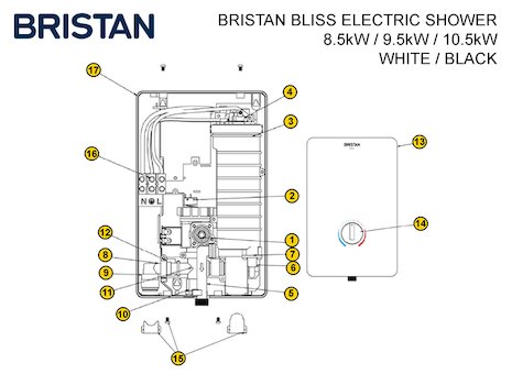 Bristan Bliss MK1 electric shower spares breakdown diagram