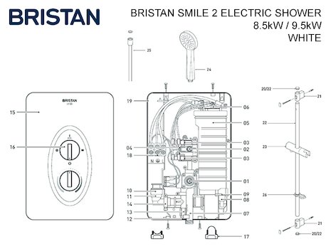 Bristan Smile 2 electric shower spares breakdown diagram