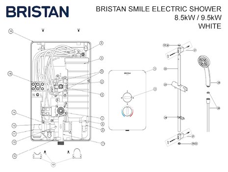Bristan Smile electric shower spares breakdown diagram