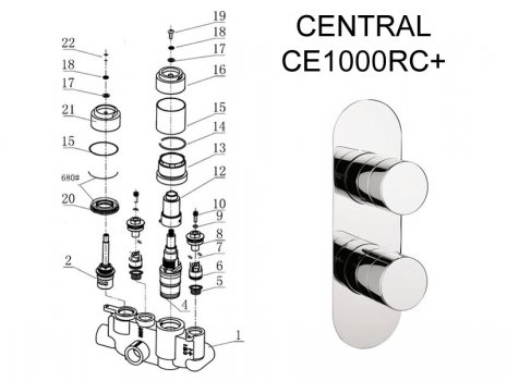 Crosswater Central thermostatic shower valve post 2013 (CE1000RC+) spares breakdown diagram