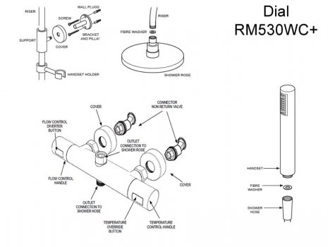 Crosswater Dial multifunction bar valve (RM530WC+) spares breakdown diagram